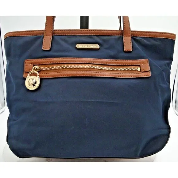 Michael Kors Kempton Nylon Satchel Tote Purse Shoulder Bag in‎ Navy and Brown