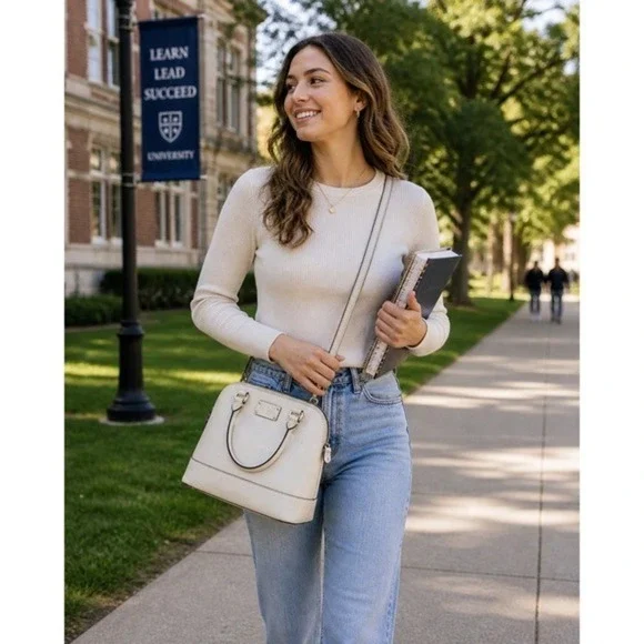 Kate Spade Designer Bag Cream Pebbled Leather Satchel Crossbody Cedar Street‎