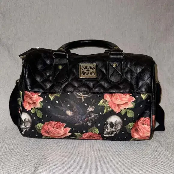 Liquorbrand Skull & Rose Quilted Satchel Bag Gothic Crossbody Purse Black Floral