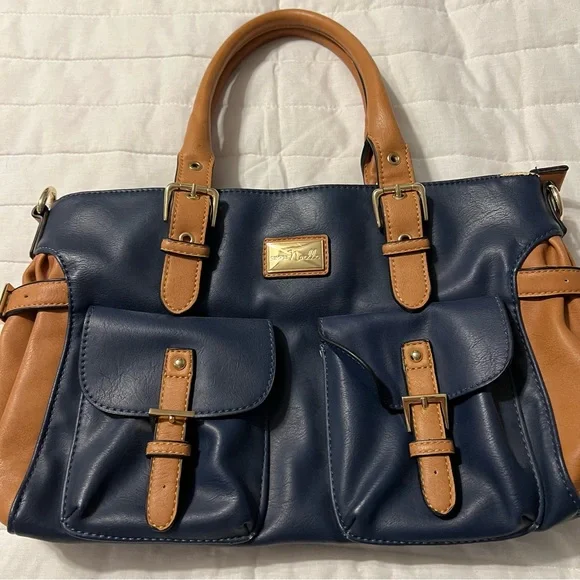 Large Satchel Simply Noelle‎ Bag Navy Blue And Tan