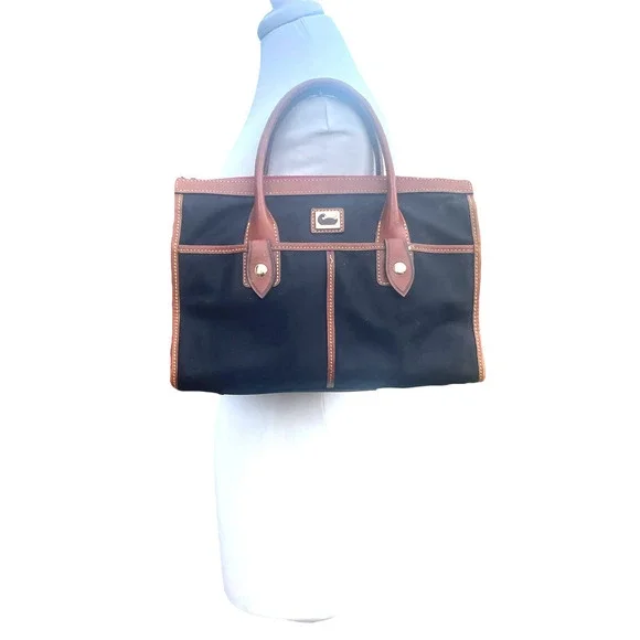Dooney & Bourke Camden Saffiano Black Nylon Satchel w Brown Leather Trim