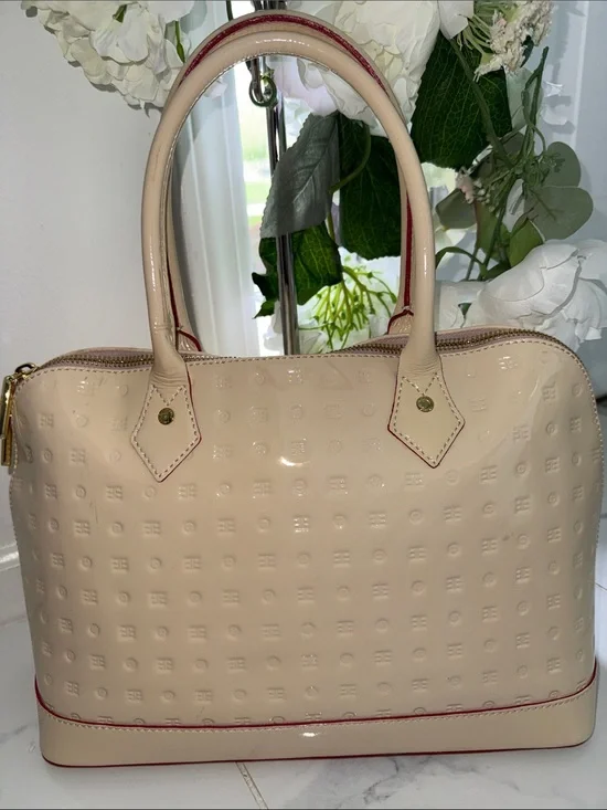 Arcadia Cream Patent Satchel with Red Trim