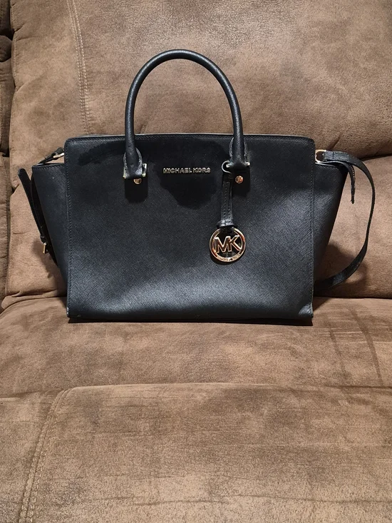 Michael Kors Black Saffiano Leather Satchel with Gold MK Charm