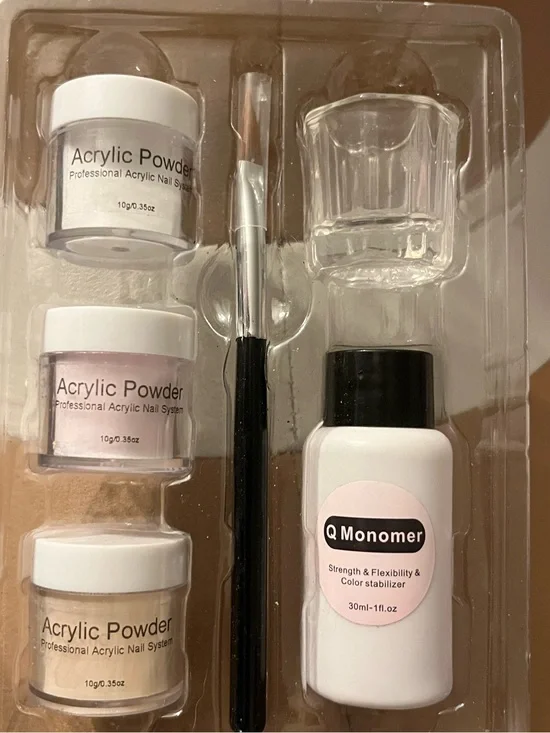 Acrylic Nail Powder Kit with Monomer & Brush - Pink, White, Beige