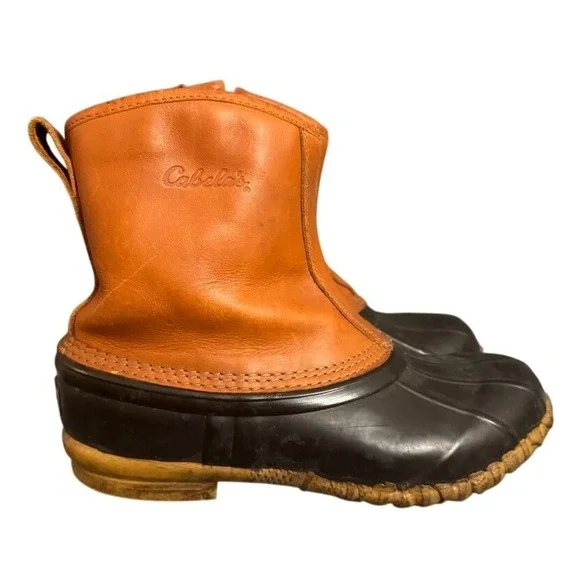 Cabelas Mens Duck Boots Tan Brown Leather Rubber Steel Shank Size 9 Zip Up