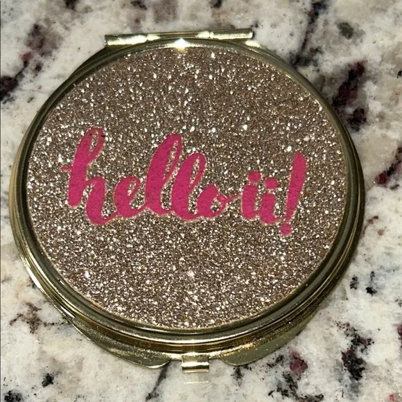 Glittery Gold Compact Mirror with Pink Text