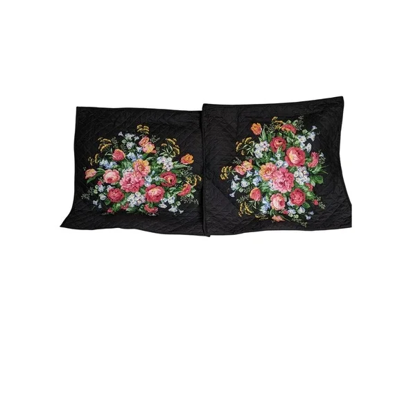 Ralph Lauren Cossette Black Floral Quilted Pillow Shams Set of 2 Cotton 26x26