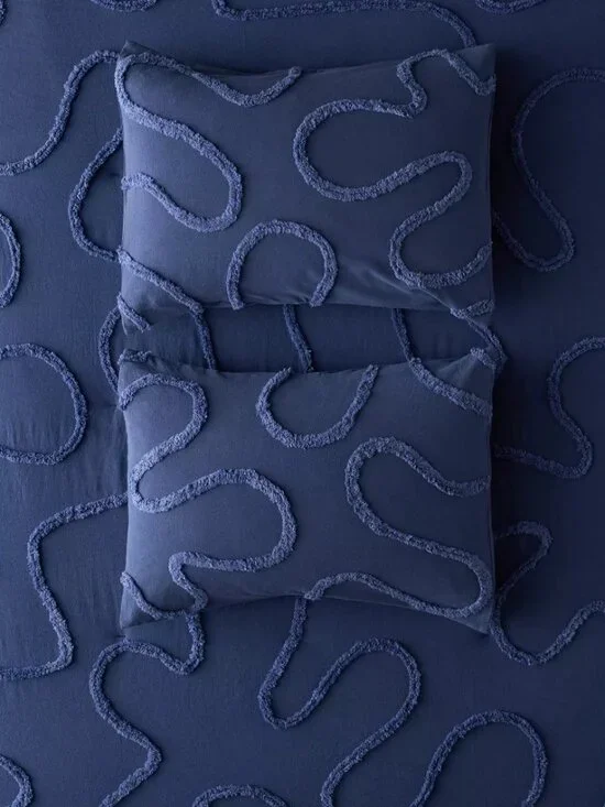 Urban Outfitters Quinn Wiggle 100% Cotton Indigo Blue Tufted Sham Set size King