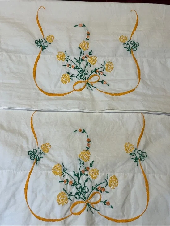 Set of 2, 1950’s Hand-Embroidered Pillowcases- As Is Condition- Light age spots