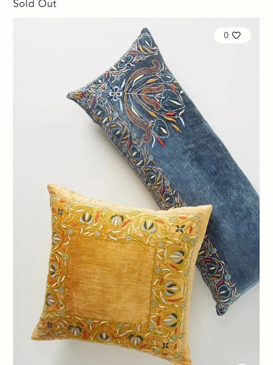 Anthropologie Satyana Embroidered Velvet Throw Pillow Rectangular Blue