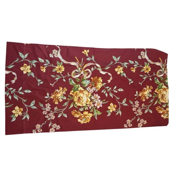 Vintage Cottage Floral Accent Pillow Cover King Burgundy Roses Cotton Sham