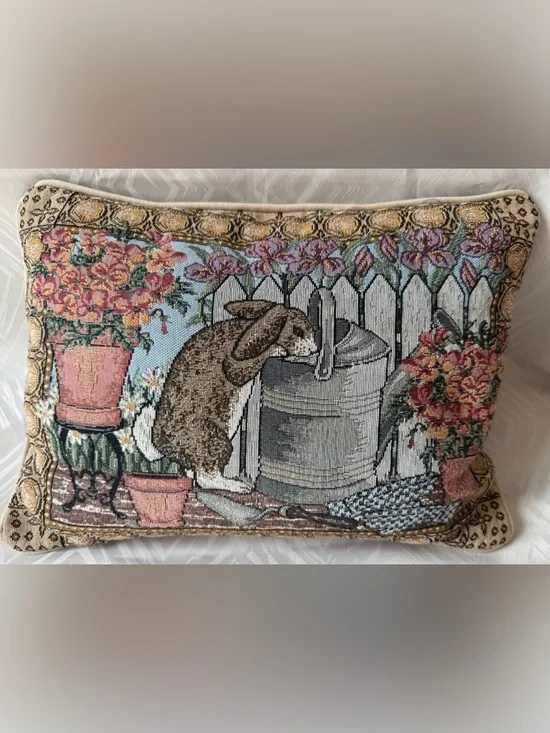 Floral Tapestry Pillow with Rabbit Design Easter Spring Decorative Bunny
