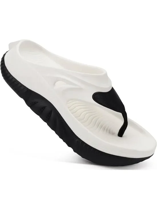 Men's Black White Orthopaedic Foot bed Flip Flops Fabric Toe Post Beach Sandals