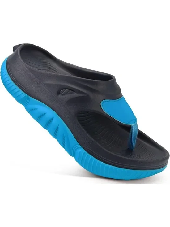 Men's Black Blue Orthopaedic Foot bed Flip Flops Fabric Toe Post Beach Sandals