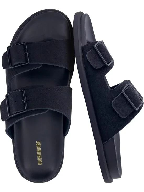Men's Black Alpha Leather Sandals Casual Slip On Flat Adjustable Buckles