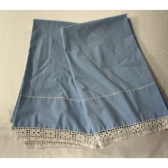 Vintage Light Blue Pillowcases Hand Crocheted Lace Trim Pair Cottagecore Grannyc