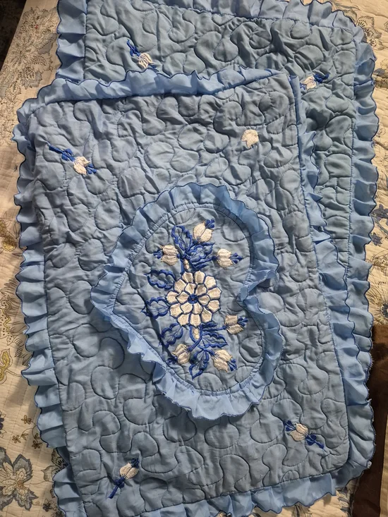 Light Blue Quilted Decorative Pillow Sham with Floral Embroidery