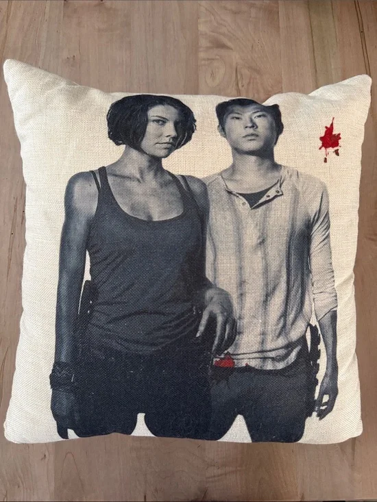 Decorative Beige Throw Pillow with Black & Red Graphic Print