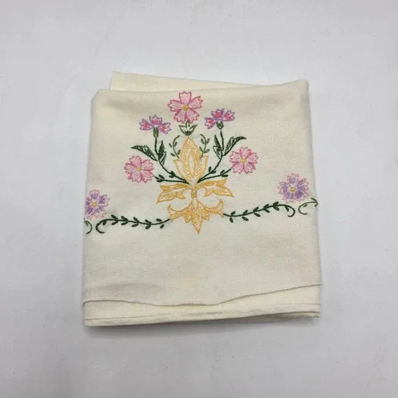 Vintage Pillowcase 90s Hand Embroidered Cream Floral Pink Purple Cottagecore Bed