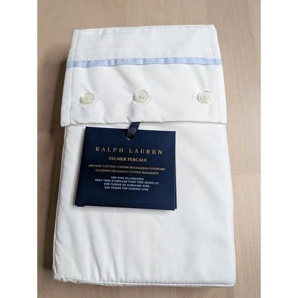 Ralph Lauren Palmer Percale King Pillowcase Set White Sky Blue Organic NWT