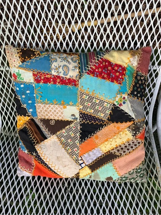 Antique Crazy Quilt Throw Pillow Handmade Patchwork Victorian