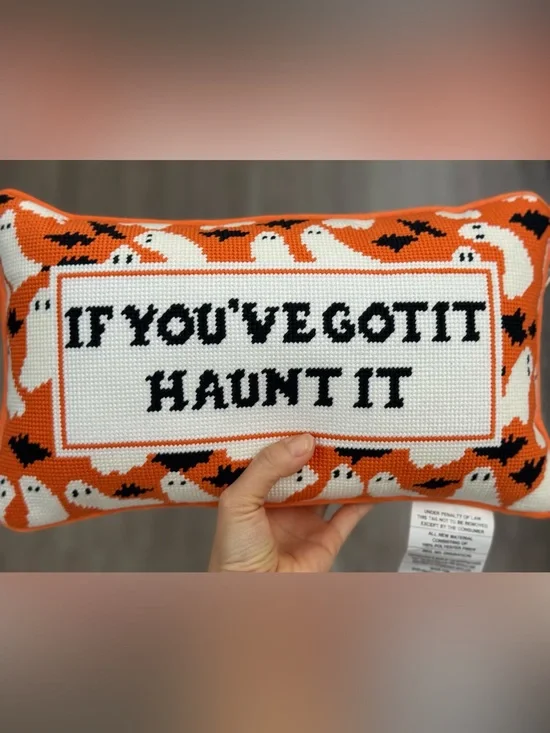 Holiday Ghost Needlepoint Pillow - Orange, White & Black