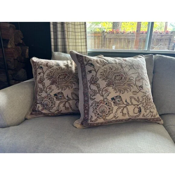 Pair Ralph Lauren Northern Cape Rug Tapestry Euro Pillow Shams 24x24 Cotton