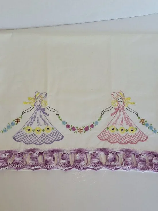 Vintage Embroidered Pillowcases 2 Ladies Big Skirts