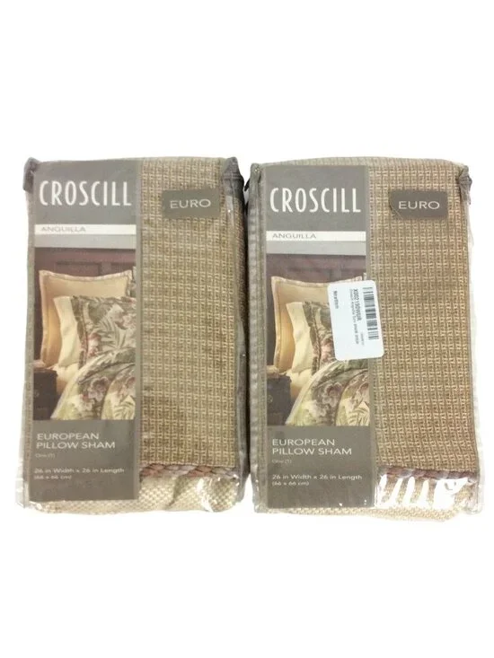 Croscill Anguilla European Pillow Shams 26x26 Set Of 2 Beige Textured Design NEW