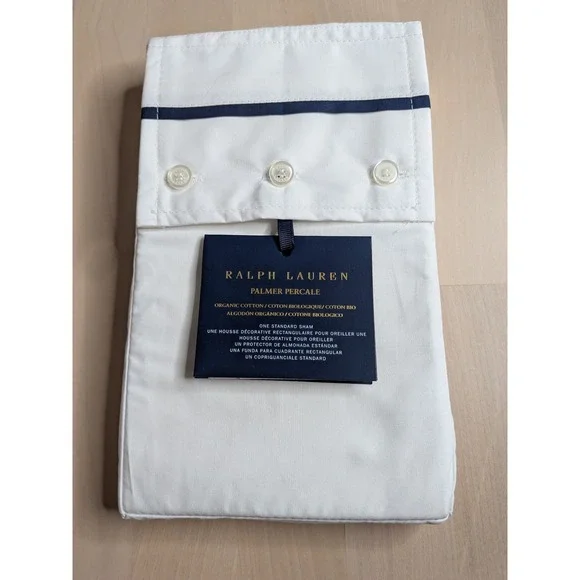 Ralph Lauren Palmer Percale Standard Pillow Sham White Polo Navy NWT