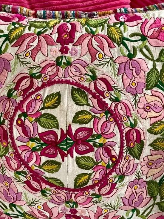 Flowered Pillow, Cushion, Embroidered Asian Design. Square. Washable. Zipper
