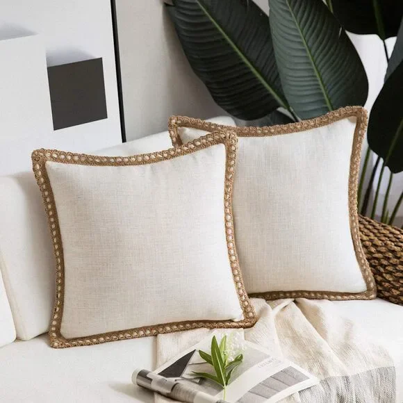 Decorative Throw Pillow Covers Burlap Linen Trimmed Tailored Edges Off White