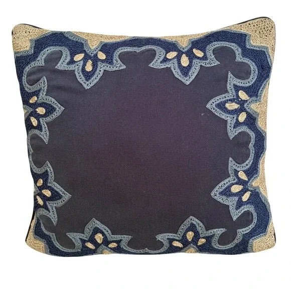 The Bombay Company Navy Blue Embroidered Boho Square Throw Pillow 12x12 India