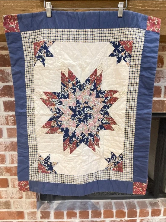 Star Patchwork Quilt pillow shams- Blue, Red, Cream set of 2