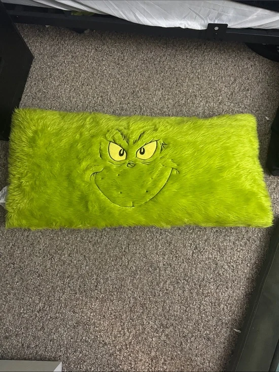 Green Fuzzy Grinch Decorative Pillow - Plush Accent Cushion