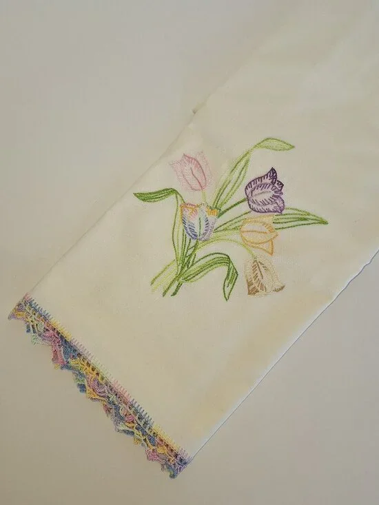 Vintage Handmade White Pillow Cases Tulips