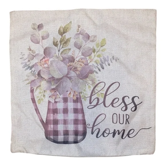FARMHOUSE STYLE Decorative Pillow Cover Plaid Flower Pot Floral Pattern GRN/PUR