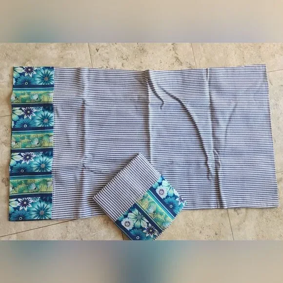2 handmade pillow cases Blue stripe ticking fabric & turquoise/blue/green floral