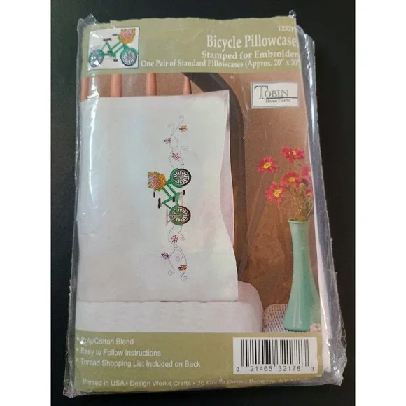 Pair of Tobin Home‎ Crafts Bicycle Pillowcases Embroidery Stamped Standard Size