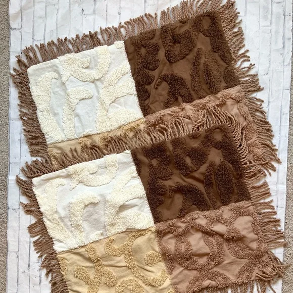 Vintage Patchwork Chenille Pillow Shams Set | 70s Boho Shabby Chic Brown Cotton