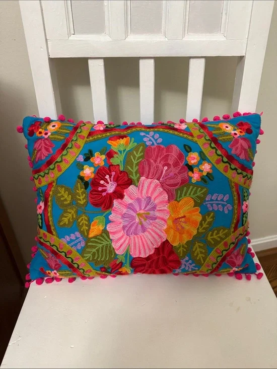 Boho Embroidered Floral Throw Pillow  With Pom Pom Trim