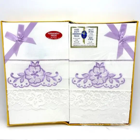 2 Vintage Lady Christina Embroidered Pillowcases Percale Purple Flowers Lace