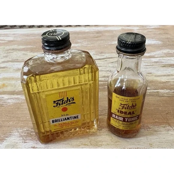 Vintage barber salon Fitch's Brilliantine & Ideal Hair Tonic glass bottles 1950s