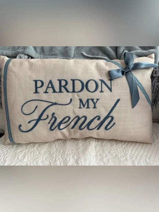 Embroidered 'Pardon My French' Decorative Pillow - Blue on Cream