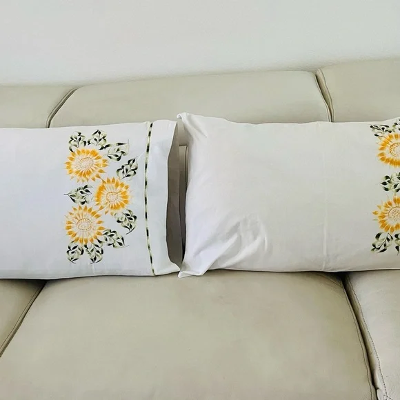 Floral Embroidered Pillowcases - White and Yellow 18/29 Inches