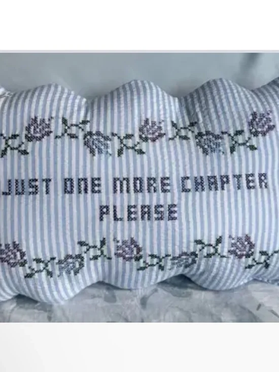 Embroidered 'Just One More Chapter Please' Decorative Pillow - Blue Stripe