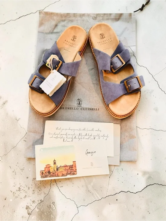 Brunello Cucinelli Suede Double-Buckle Slides in Dusty Blue