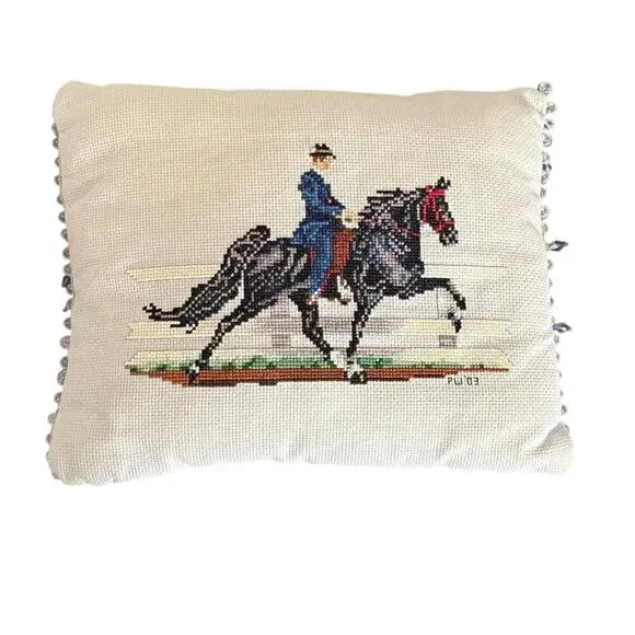Western Horse Crossstitch Accent Pillow Handmade Cowboy