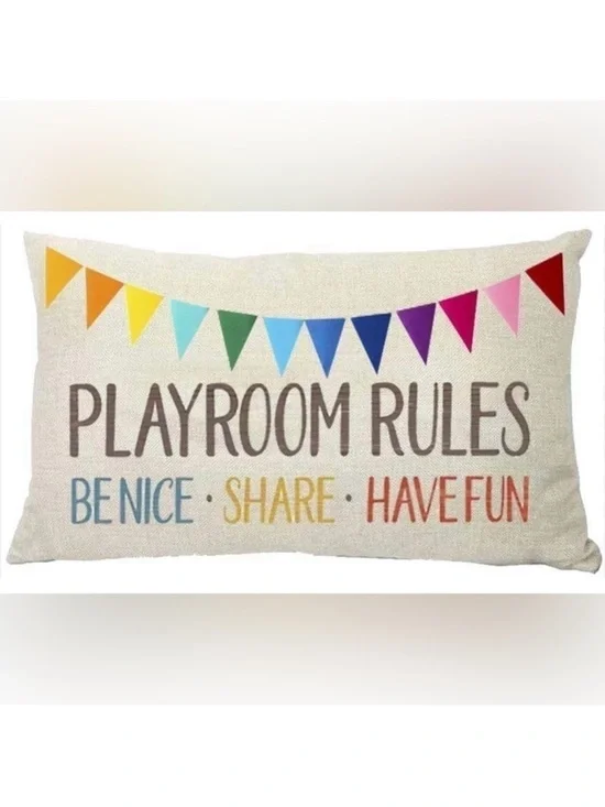 Playroom Rules Decorative Throw Pillow Case Cover Cotton Linen Rainbow Flag NEW