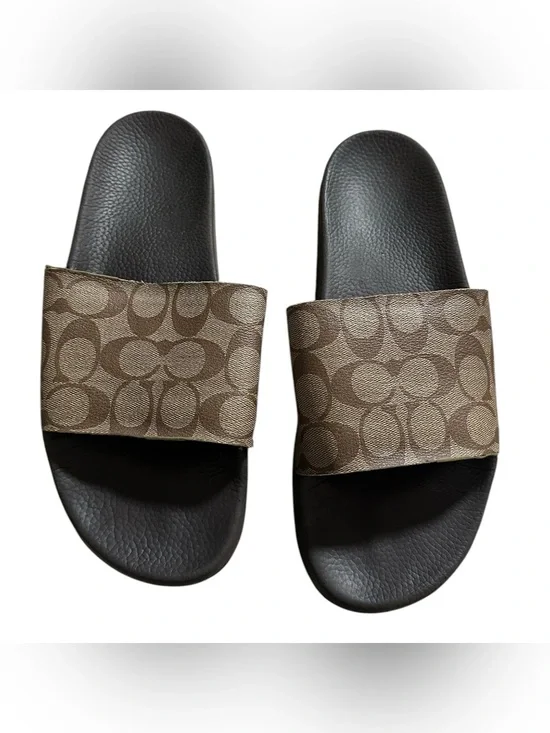 Coach Signature Coated Canvas Pool Slide Sandals Tan Signature Mens 11 preowned.